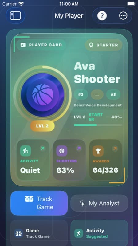 Current BenchVoice MyPlayer screen with player card, activity, shooting, and awards