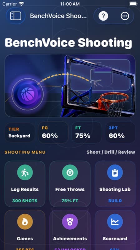 Current BenchVoice Shooting screen with shooting menu and progression metrics