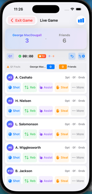BenchVoice live game tracking interface showing real-time statistics during a game