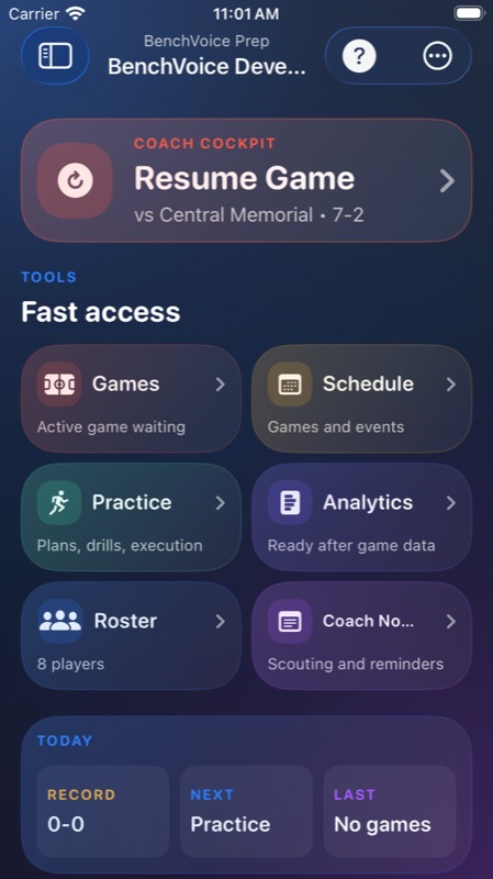 Current BenchVoice team command screen with practice and game tools