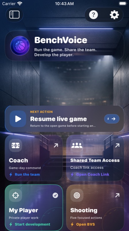 Current BenchVoice home screen with team and player workflow tiles