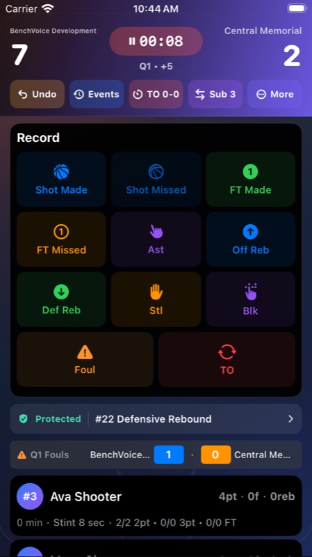 Current BenchVoice live game screen with player context below the stat capture grid