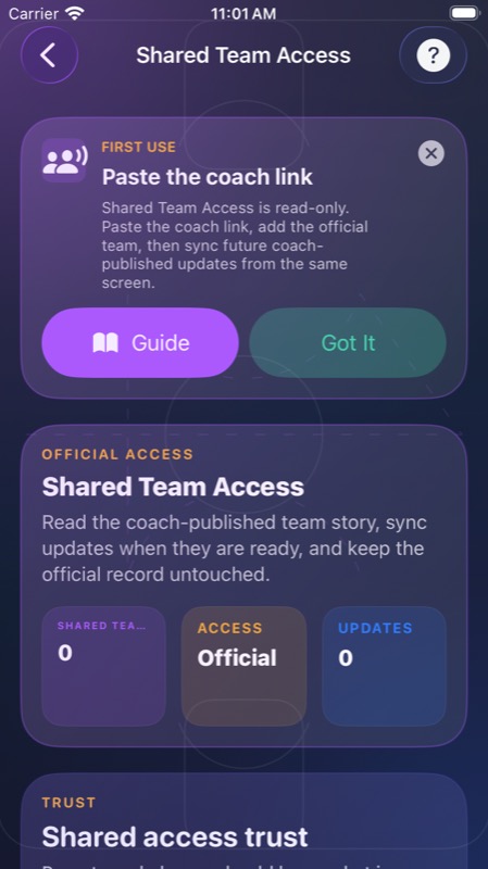 Current BenchVoice Shared Team Access screen explaining official read-only access and coach-published updates