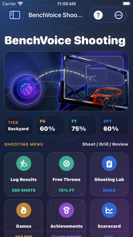Current BenchVoice Shooting screen with log results, shooting lab, games, achievements, and scorecard