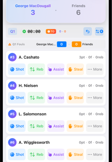 BenchVoice live game tracking interface optimized for quick data entry during games