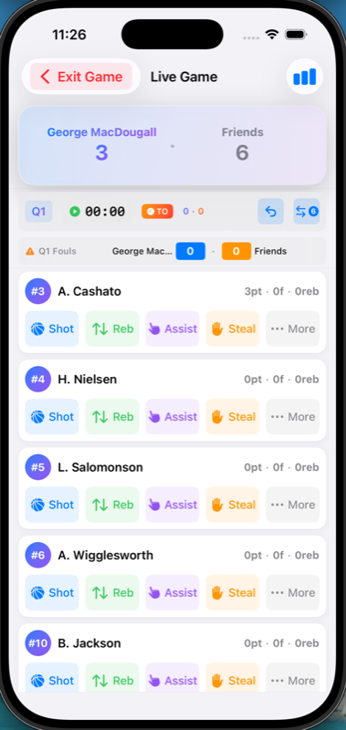 BenchVoice live game tracking interface showing real-time statistics during a game